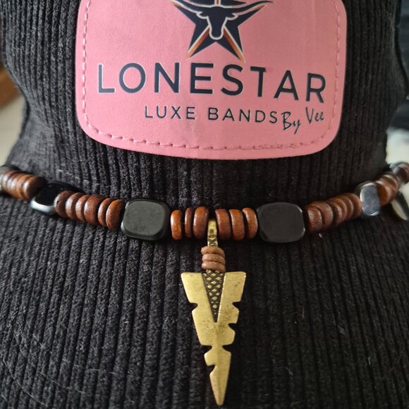 Western Beaded Hat Band Brown Wood & Black Stone Arrowhead Pendant - Picture 4 of 4